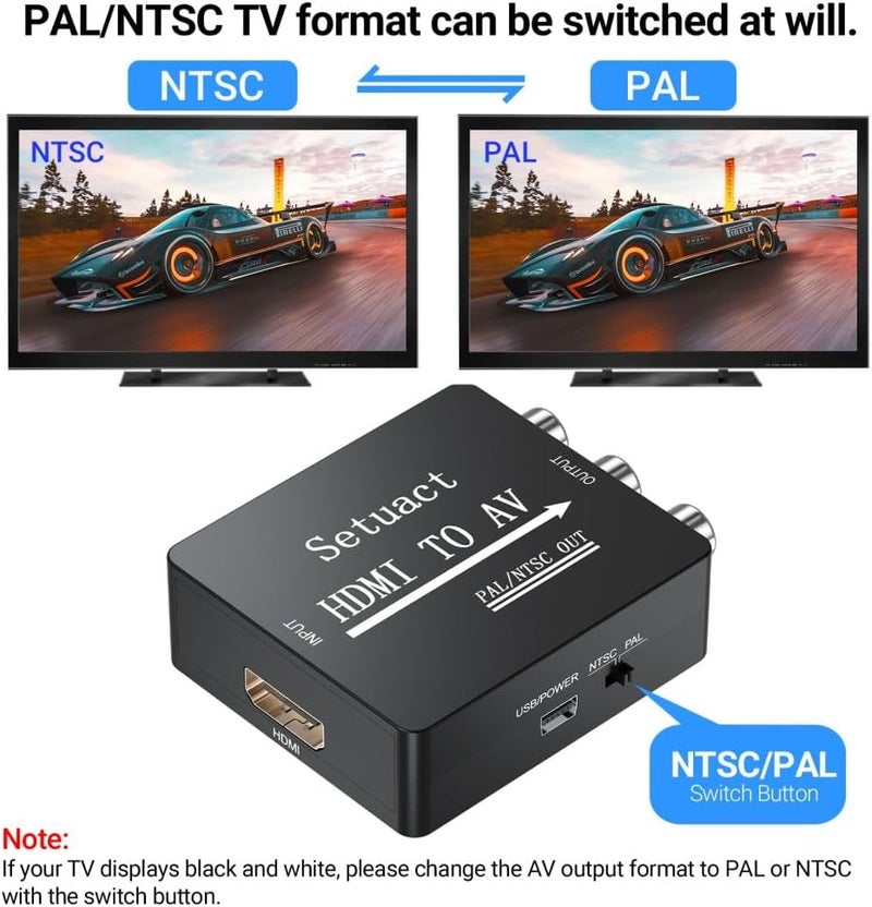Setuact HDMI to AV Converter, HDMI to RCA Converter, Supports PAL/NTSC for Apple TV, Roku, Fire Stick, Blu-ray, DVD Player, Older TV, Projector, (with Male RCA and HDMI Cables) - Image 4